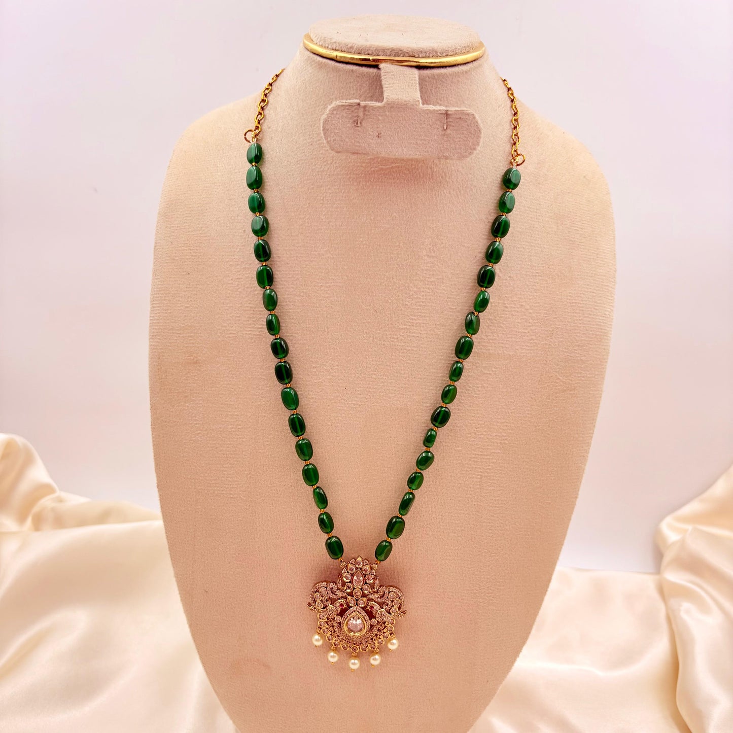 Green Beads CZ Stone Pendant Necklace