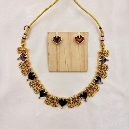 Antique Gold-Plated Red Stone Necklace Set with Temple-Style Drops | Traditional Jewellery for Women
