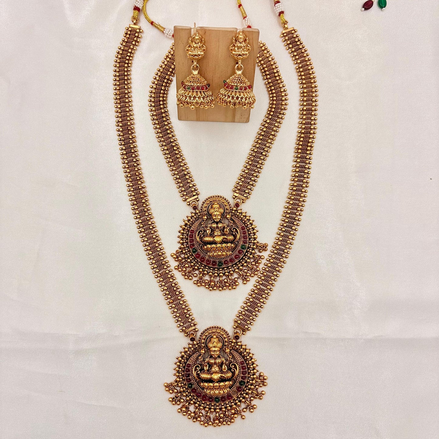 Antique Gold Beaded Dual Haram Lakshmi Pendant Necklace Set with Jhumkas