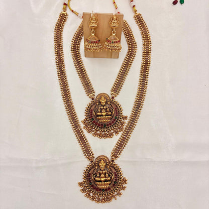 Antique Gold Beaded Dual Haram Lakshmi Pendant Necklace Set with Jhumkas