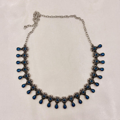Oxidised Silver Look Blue Stone Necklace Set with Pearl Drops
