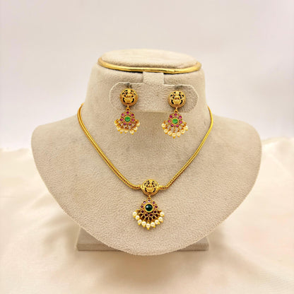 Lakshmi Pendant Temple Necklace Set with Pearl Drops – Traditional Gold Finish Jewellery