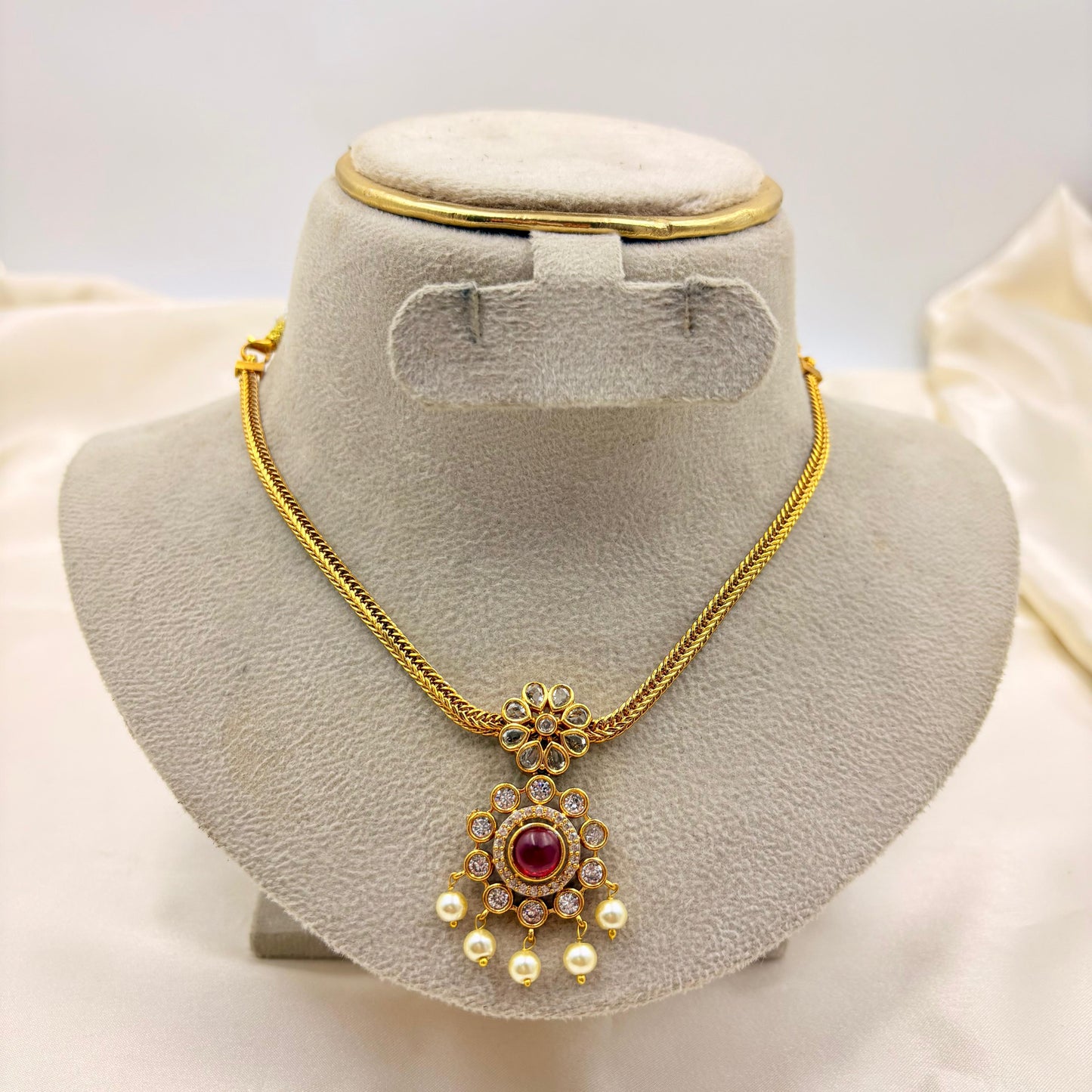 Ruby Stone Kundan Pearl Pendant Necklace