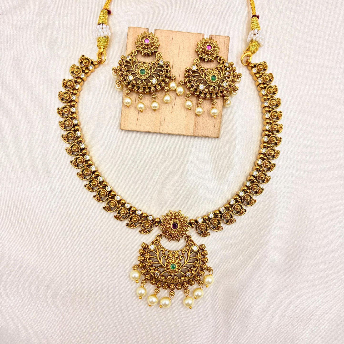 Antique Gold Finish Temple Necklace Set with Pearl Drops