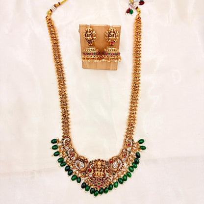 Gold Finish Lakshmi Temple Necklace Set with Green Beads