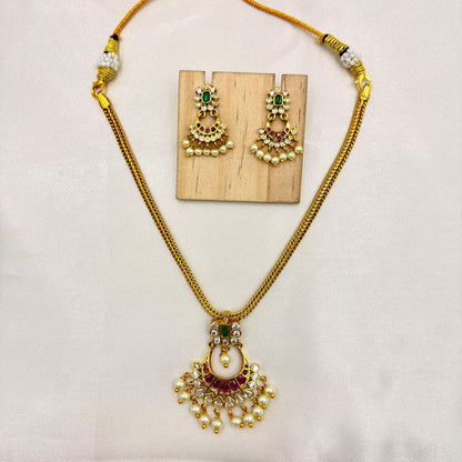 Antique Gold Finish Necklace Set with Green & Pink Stones and Pearl Drops