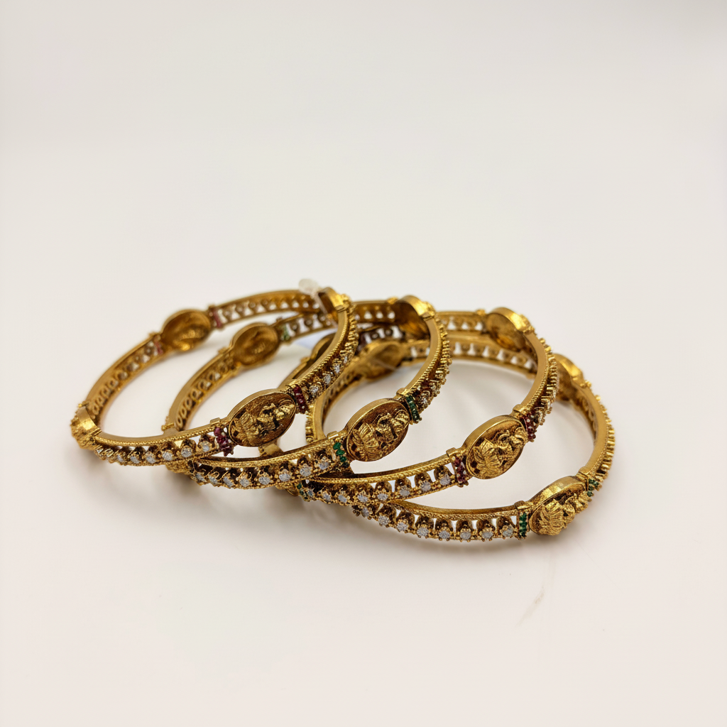 Antique Lakshmi CZ Bangles – Ruby & Emerald Accents