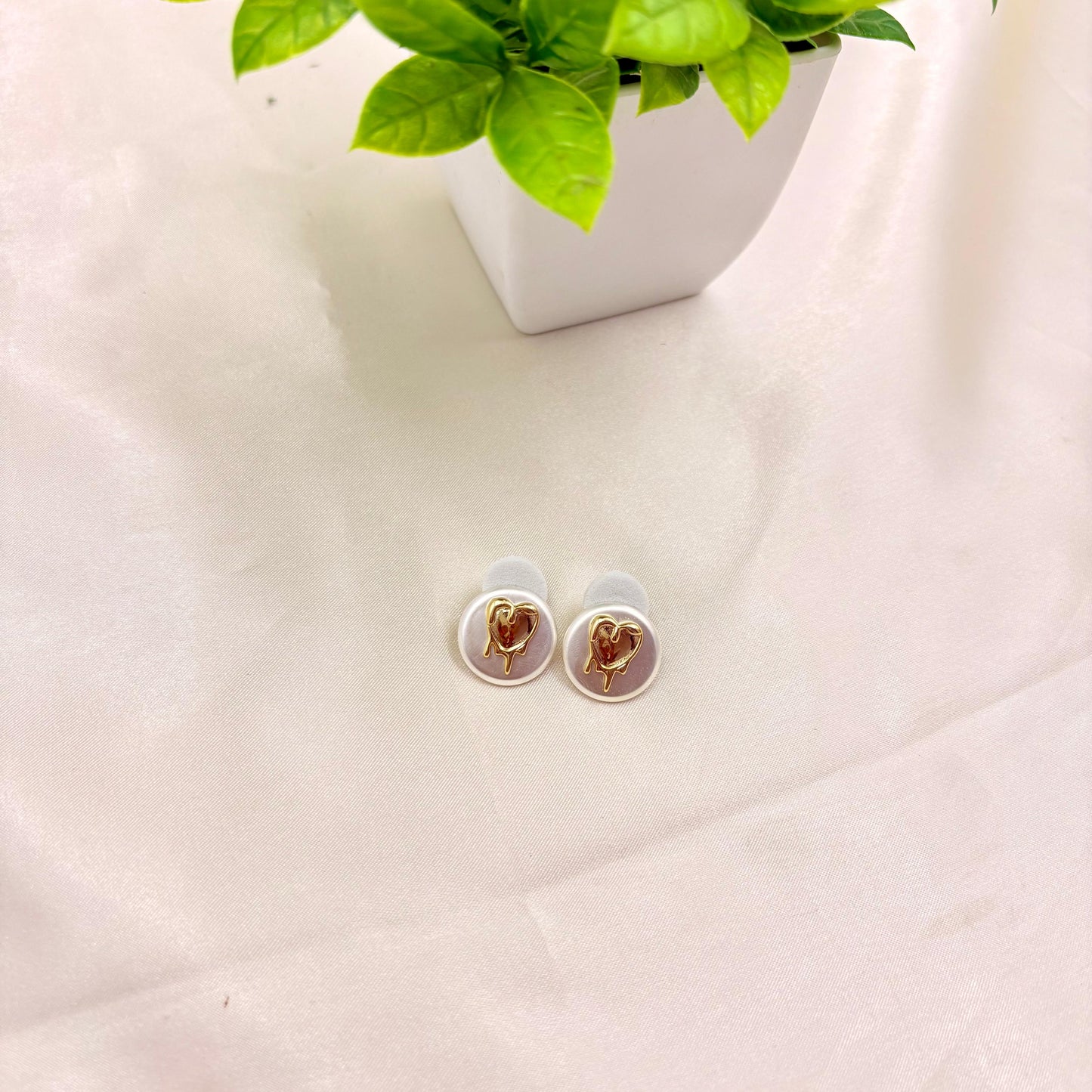 Gold Heart Stud Earrings with White Base