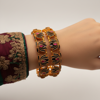 Black Meenakari Lotus Bangles – Pink Stone Edition