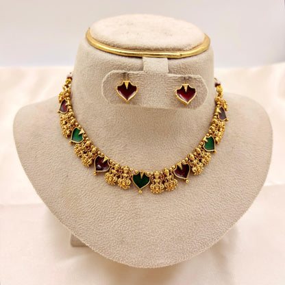 Antique Multi-Color Heart Motif Choker Necklace Set | Temple Floral Design Jewellery