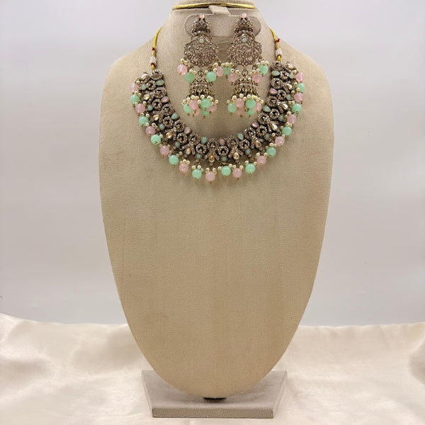 Pastel Kundan Necklace Set with Mint & Blush Beads | Necklace, Earrings & Maang Tikka