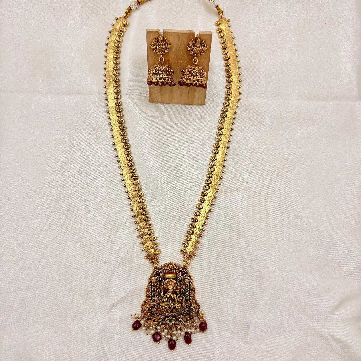 Antique Gold Lakshmi Kasu Haram with Ruby Beads & Jhumka Earrings | Temple Jewelry Set