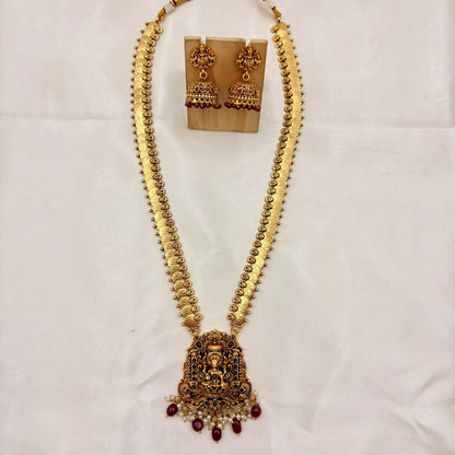 Antique Gold Lakshmi Kasu Haram with Ruby Beads & Jhumka Earrings | Temple Jewelry Set
