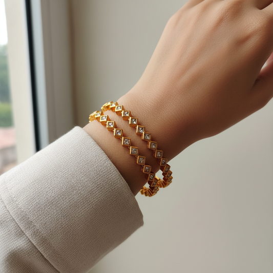 Geometric Diamond-Cut Gold Bangles – Premium CZ Stone Design
