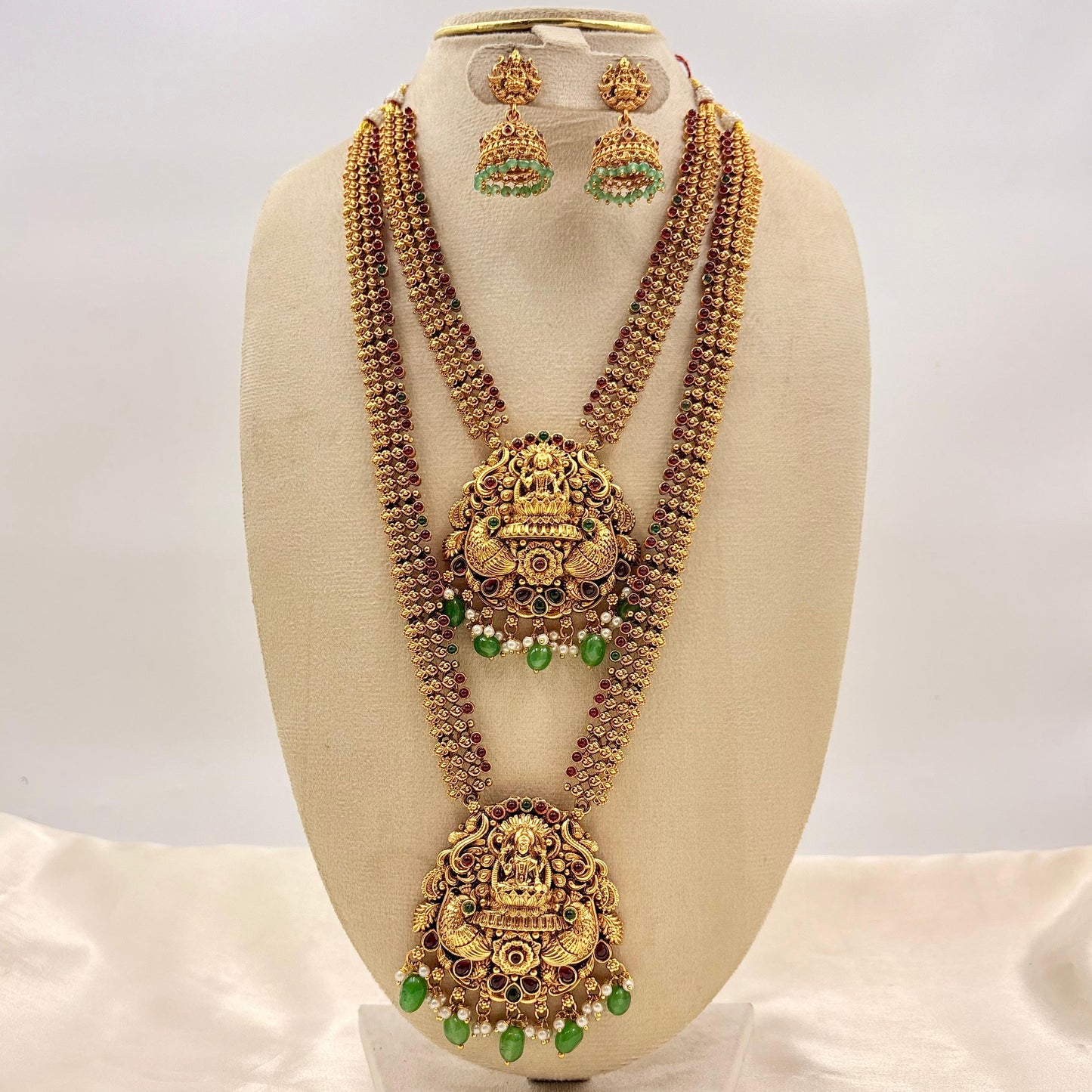 Antique Gold Temple Long Haram Necklace Set with Lakshmi Pendant & Jhumkas