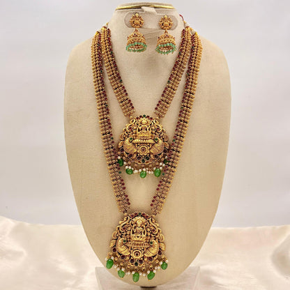 Antique Gold Temple Long Haram Necklace Set with Lakshmi Pendant & Jhumkas
