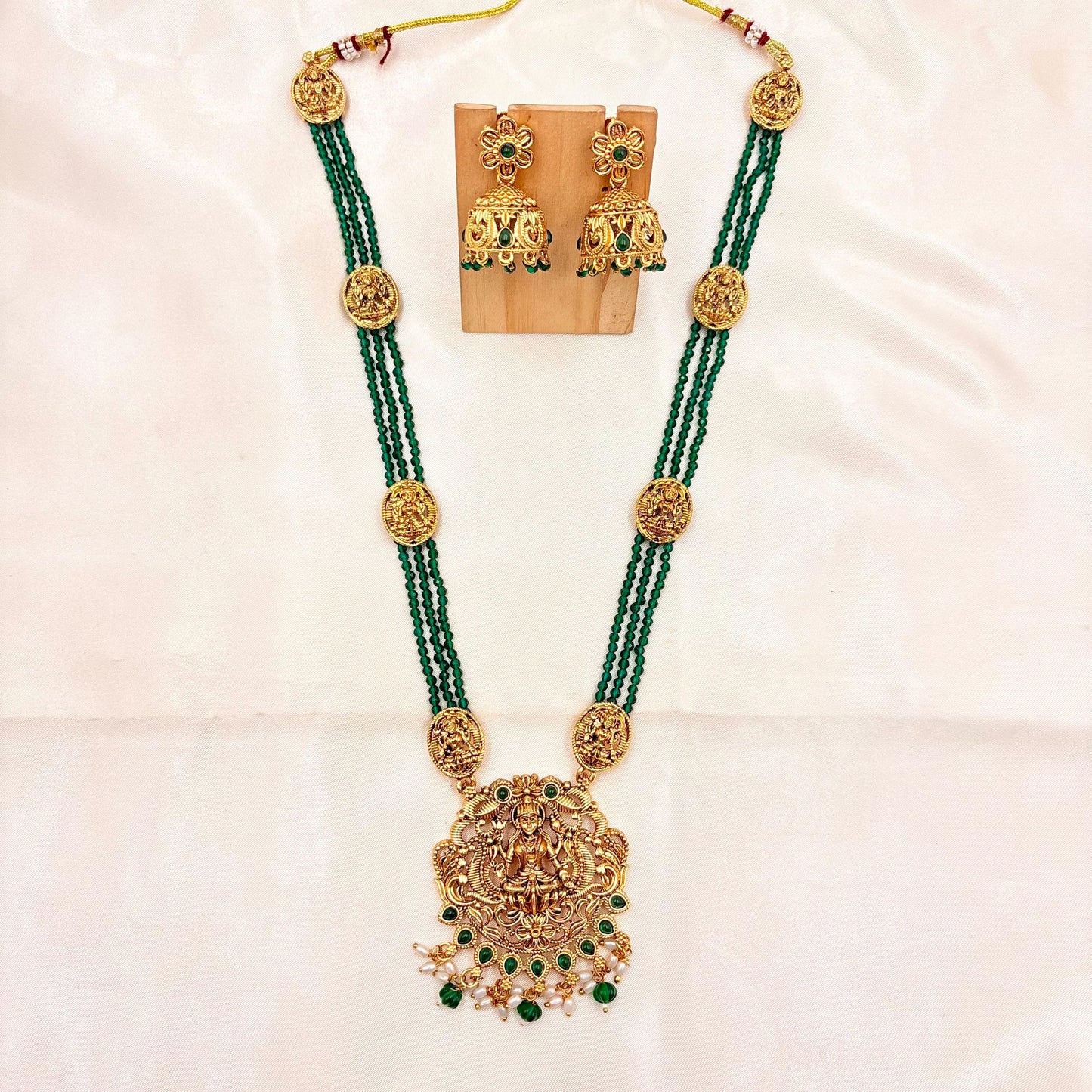 Antique Gold Finish Lakshmi Temple Long Necklace with Green Beads & Jhumka Earrings