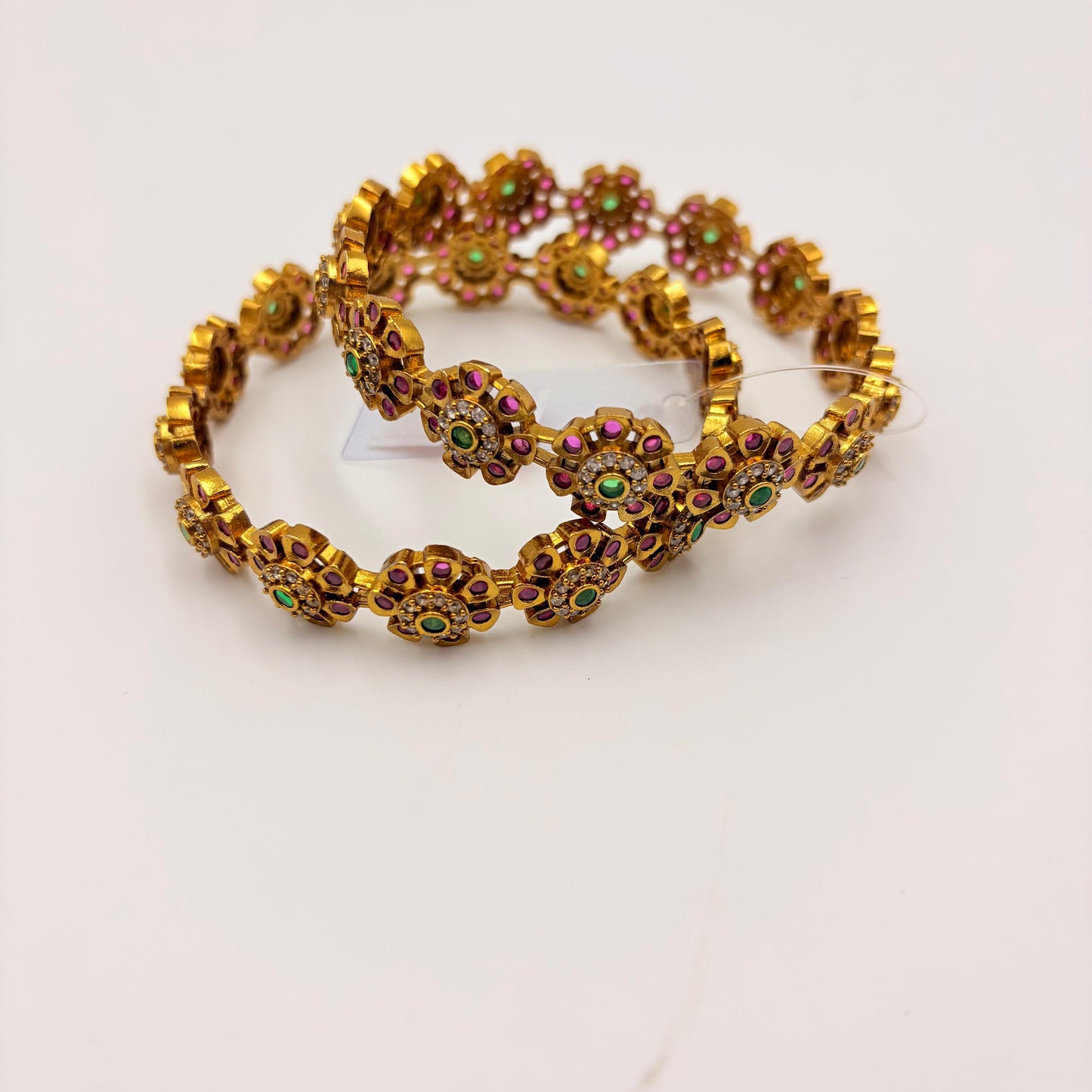 Antique Gold-Plated Floral Ruby & Green Stone Bangles – South Indian Traditional Design (Set of 2)