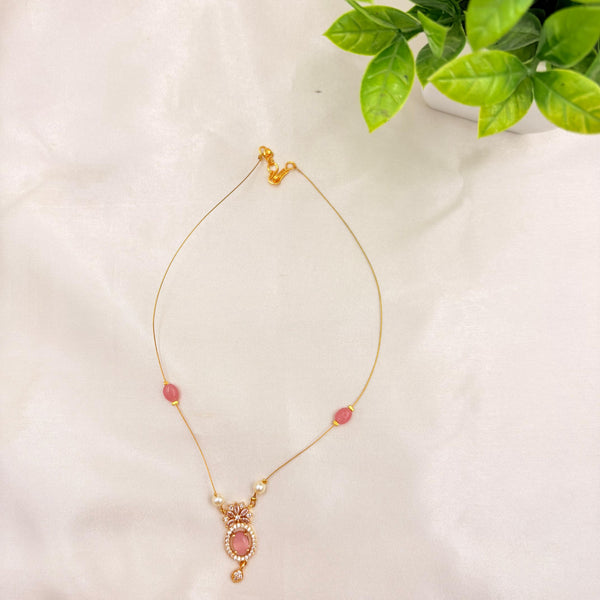 Gold Finish Wire Necklace with Pink Stone & Pearl Pendant