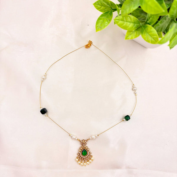 Gold Finish Green Stone Pendant Wire Necklace with Pearl Drops