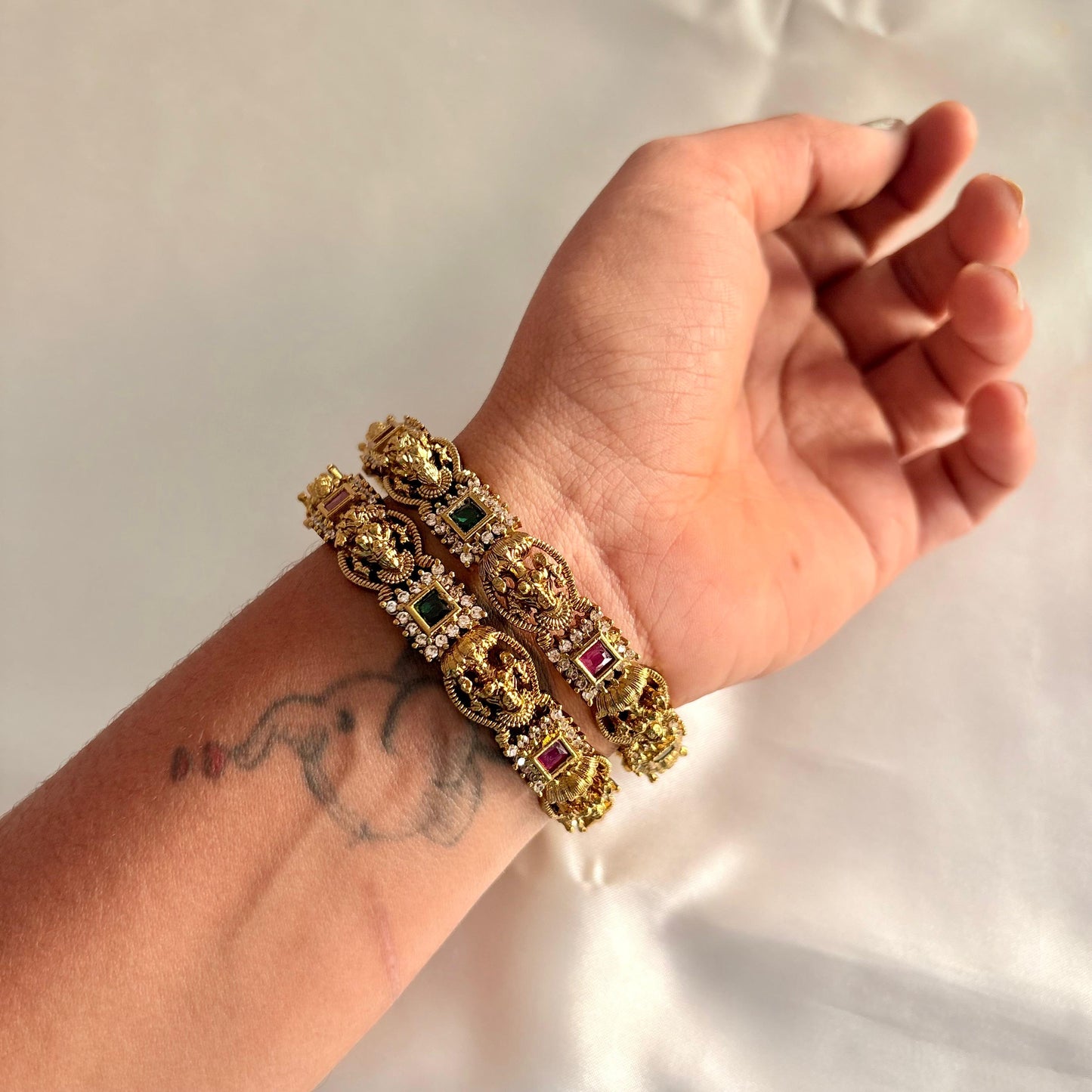 Antique Lakshmi Temple Kada Bangles (Pair) – Ruby & Emerald Stone Work