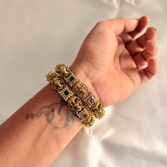 Antique Lakshmi Temple Kada Bangles (Pair) – Ruby & Emerald Stone Work