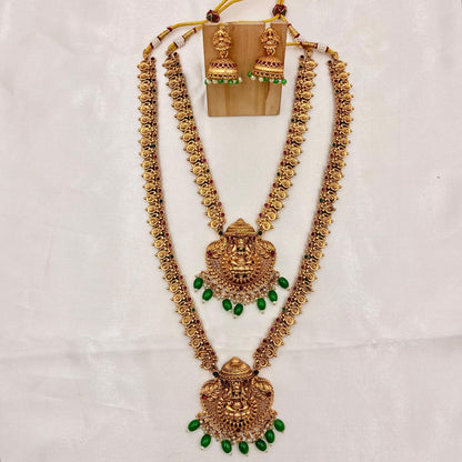Antique Gold Dual Long Haram Necklace Set with Lakshmi Pendant & Green Beads
