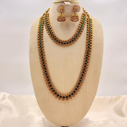 Antique Gold Green Stone Long Haram Necklace Set with Jhumka Earrings