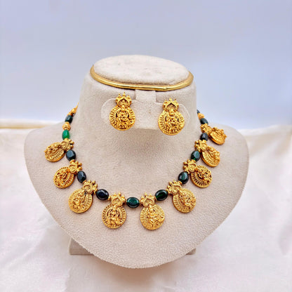 Antique Gold Finish Goddess Coin Temple Necklace Set with Green Beads