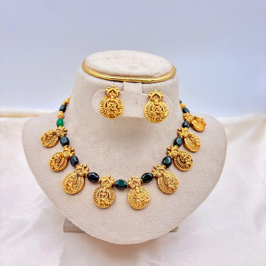 Antique Gold Finish Goddess Coin Temple Necklace Set with Green Beads