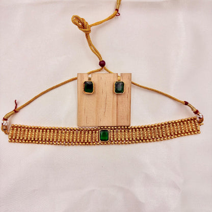 Elegant Gold-Plated Green Stone Choker Set | Minimal Traditional Necklace with Earrings