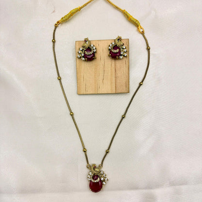 Antique Gold Peacock Pendant Necklace Set with Ruby Stone