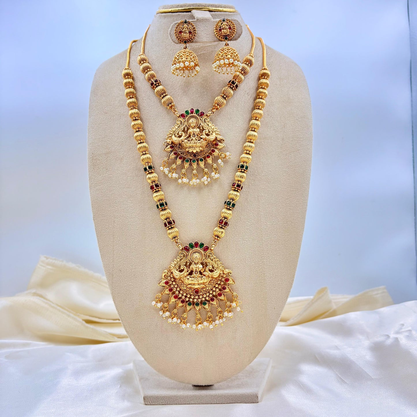 Grand Double Layer Lakshmi Temple Haram Set – Antique Gold Finish