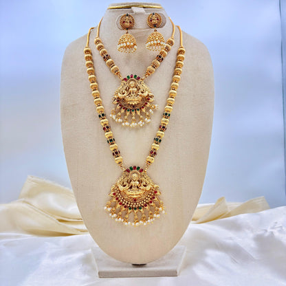 Grand Double Layer Lakshmi Temple Haram Set – Antique Gold Finish