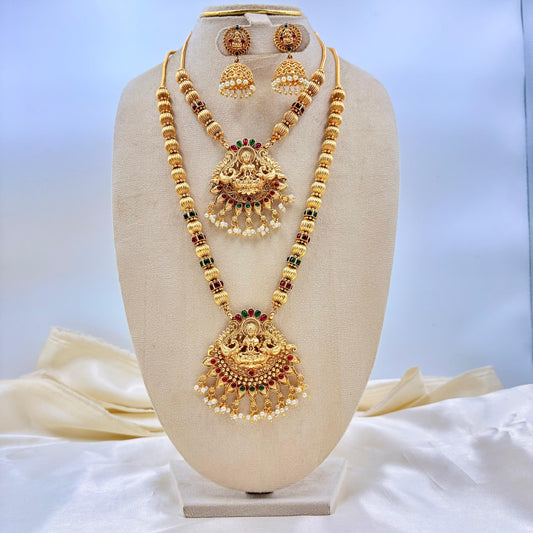 Grand Double Layer Lakshmi Temple Haram Set – Antique Gold Finish