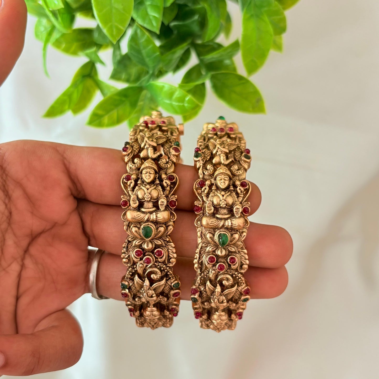 Antique Gold Lakshmi Temple Bangles with Ruby & Green Stones – Heavy Bridal Bangles