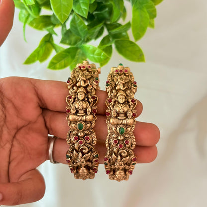 Antique Gold Lakshmi Temple Bangles with Ruby & Green Stones – Heavy Bridal Bangles