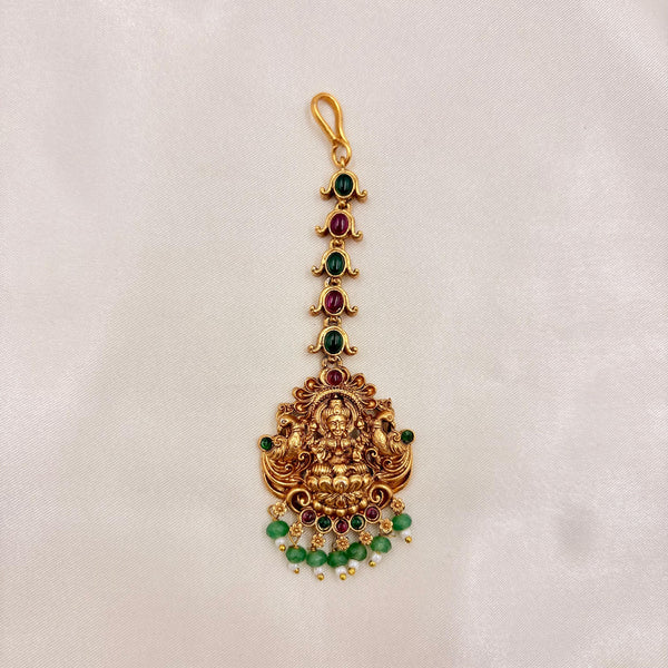 Antique Lakshmi Maang Tikka with Ruby–Green Stones & Mint Green Bead Drops | Temple Jewellery