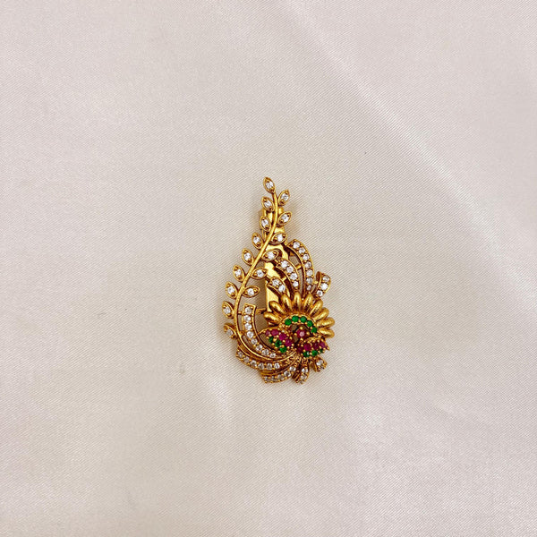 Gold-Plated Floral Leaf Saree Pin with CZ Diamonds, Ruby & Green Stones | Designer Saree Brooch