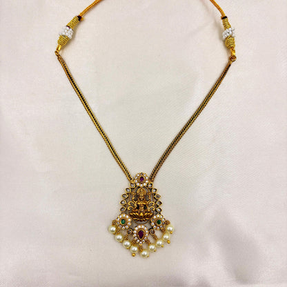 Antique Gold Lakshmi Temple Necklace Set with Pearl Drops