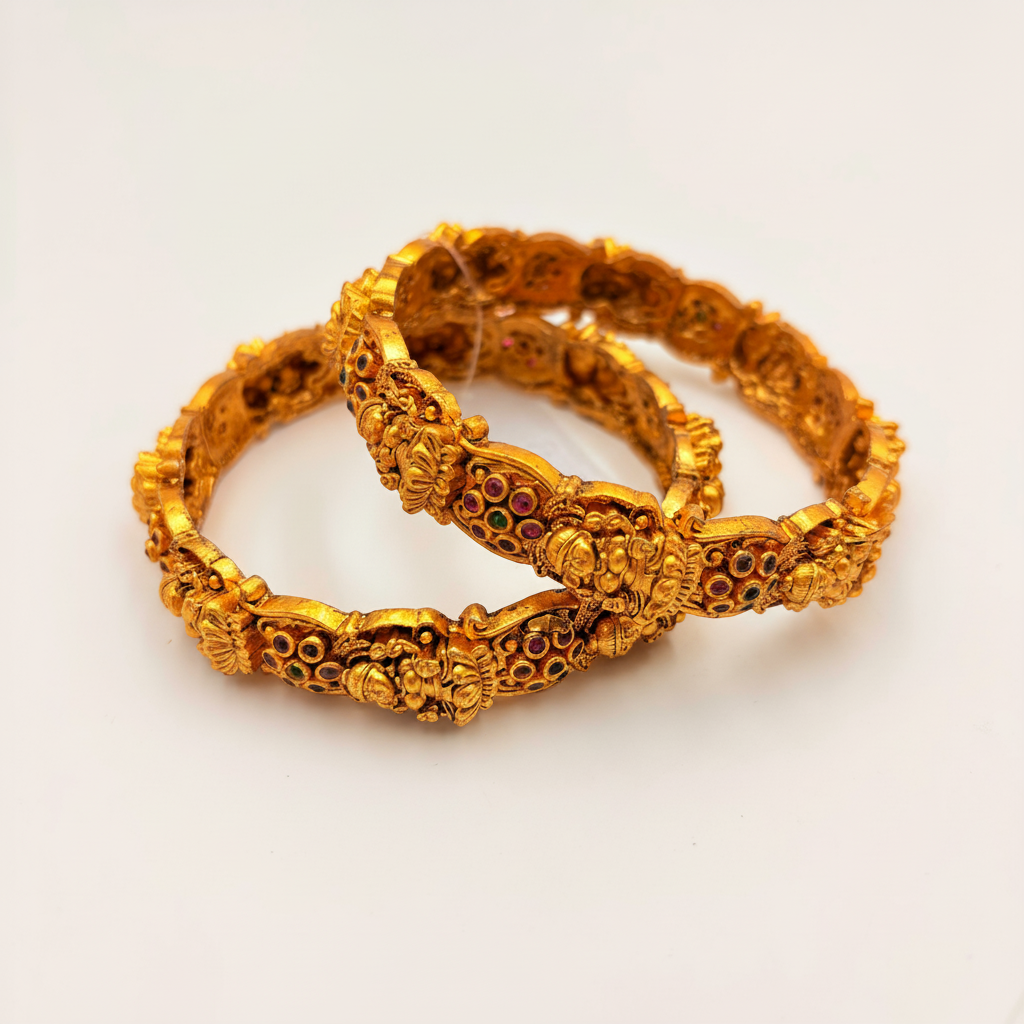 Antique Gold Lakshmi Temple Bangles with Multicolor Stones – Premium South Indian Bangle Set (Set of 2)