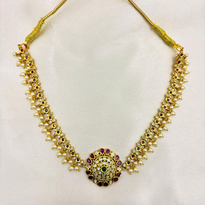 Antique Gold Kundan Pearl Necklace Set with Matching Stud Earrings