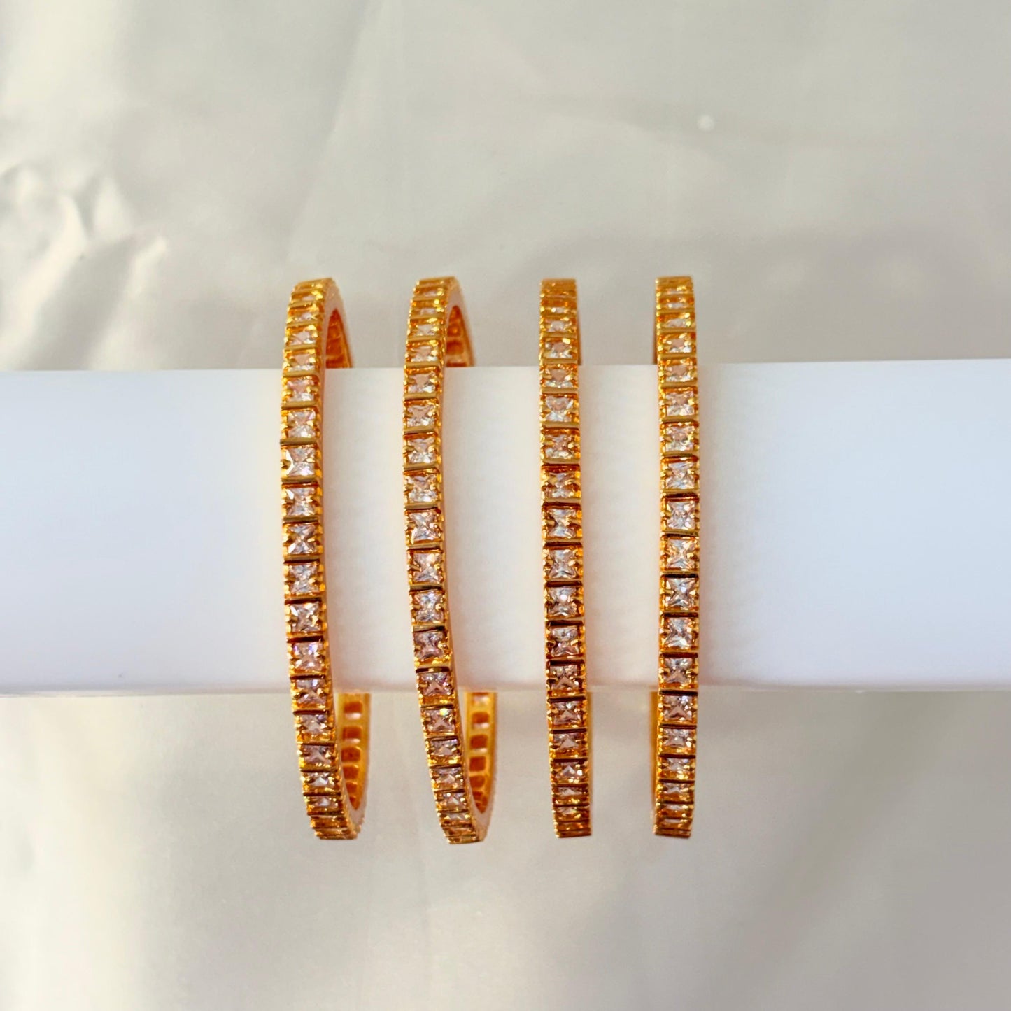 Gold-Plated Square CZ Stone Bangles – Elegant Party & Bridal Wear (Set of 4)