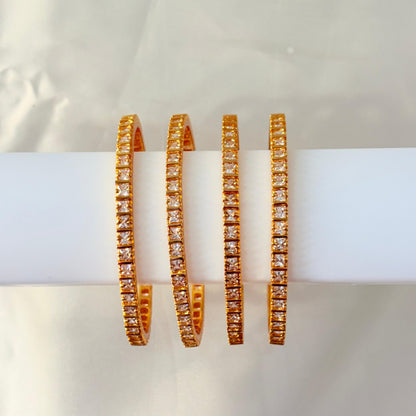 Gold-Plated Square CZ Stone Bangles – Elegant Party & Bridal Wear (Set of 4)