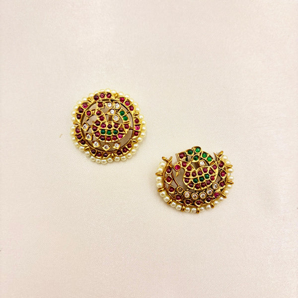 Traditional Sun & Moon Temple Jewellery Hair Accessories with Pearl Border – Antique Gold Bridal Hair Pins