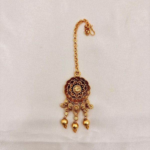 Antique Gold Finish Floral Temple Maang Tikka with Bead Drops