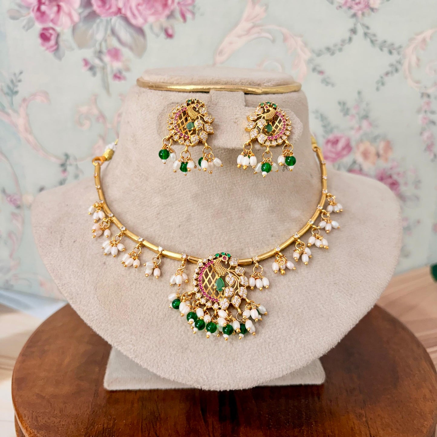 Peacock Design Gold Finish Choker Necklace Set with Green Beads & Pearl Drops