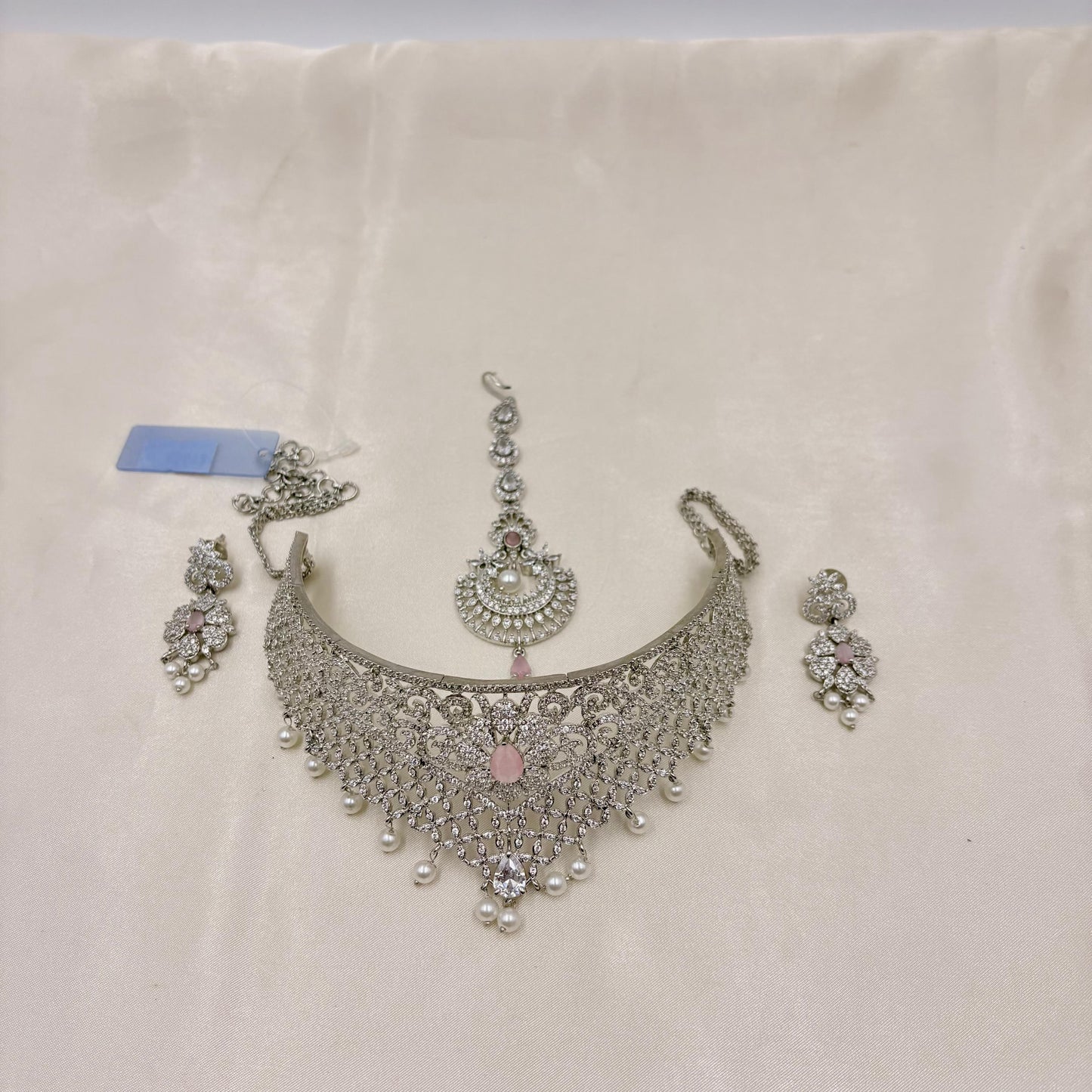 Silver Finish Bridal Choker Necklace Set with Pink Stone, Pearls & Maang Tikka