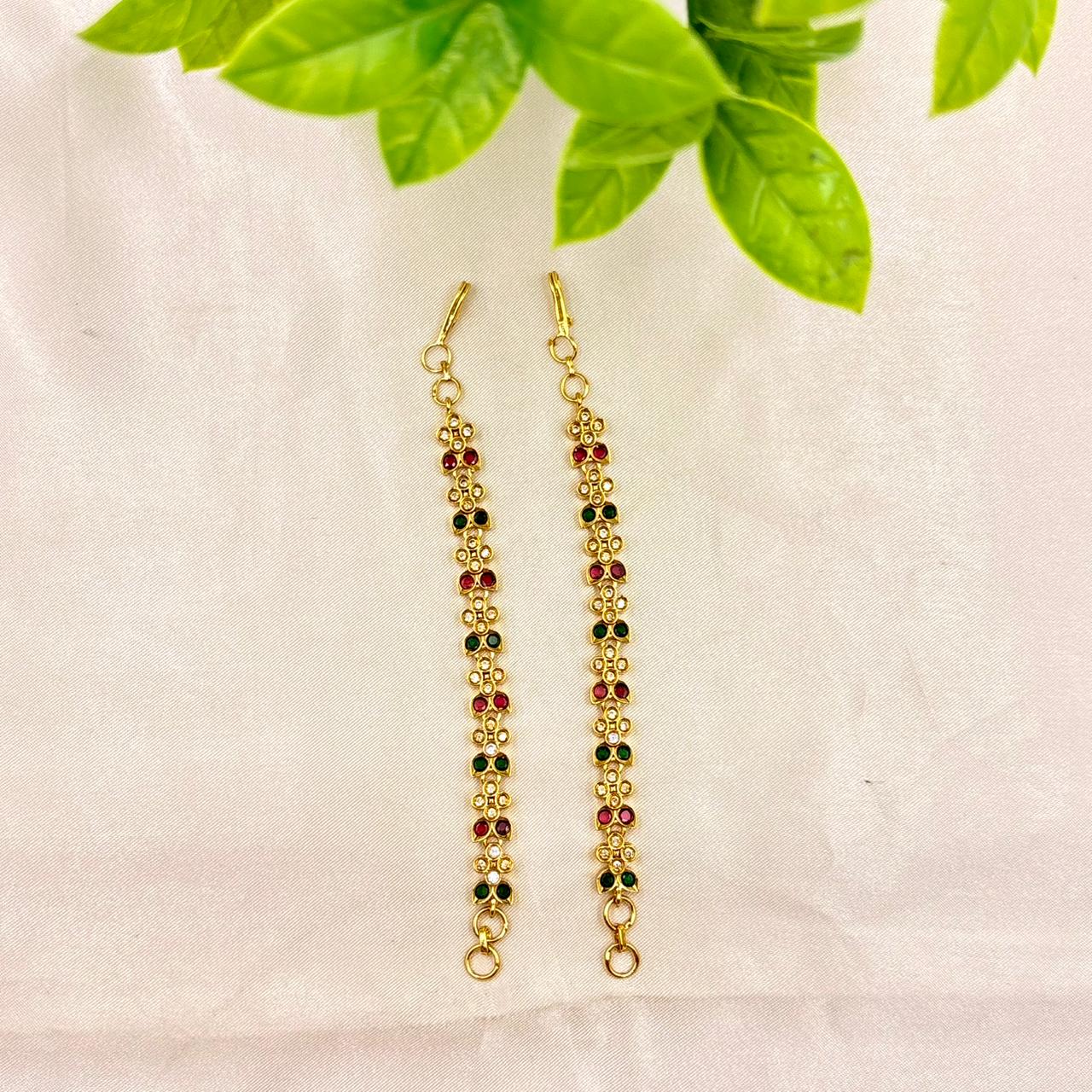 Antique Gold Stone Matti with Red & Green Stones – Traditional Toe Ring Chain (Pair)