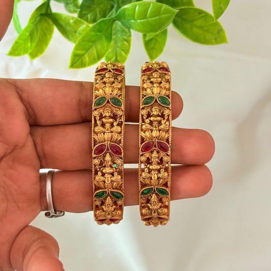 Gold-Plated Lakshmi Temple Bangles with Ruby & Green Stones – Traditional South Indian Bridal Bangles